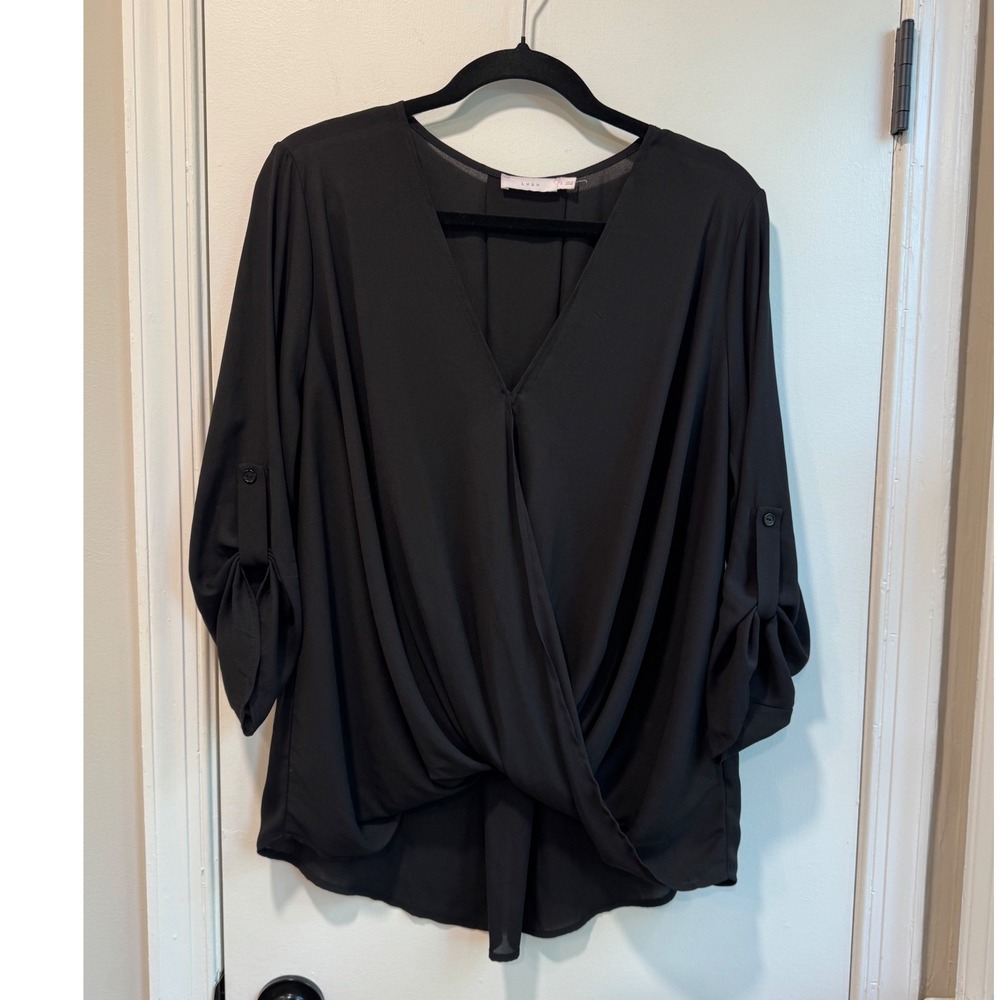 Lush Black Wrap Front V-Neck Roll Tab Sleeve Chiffon Blouse size Large